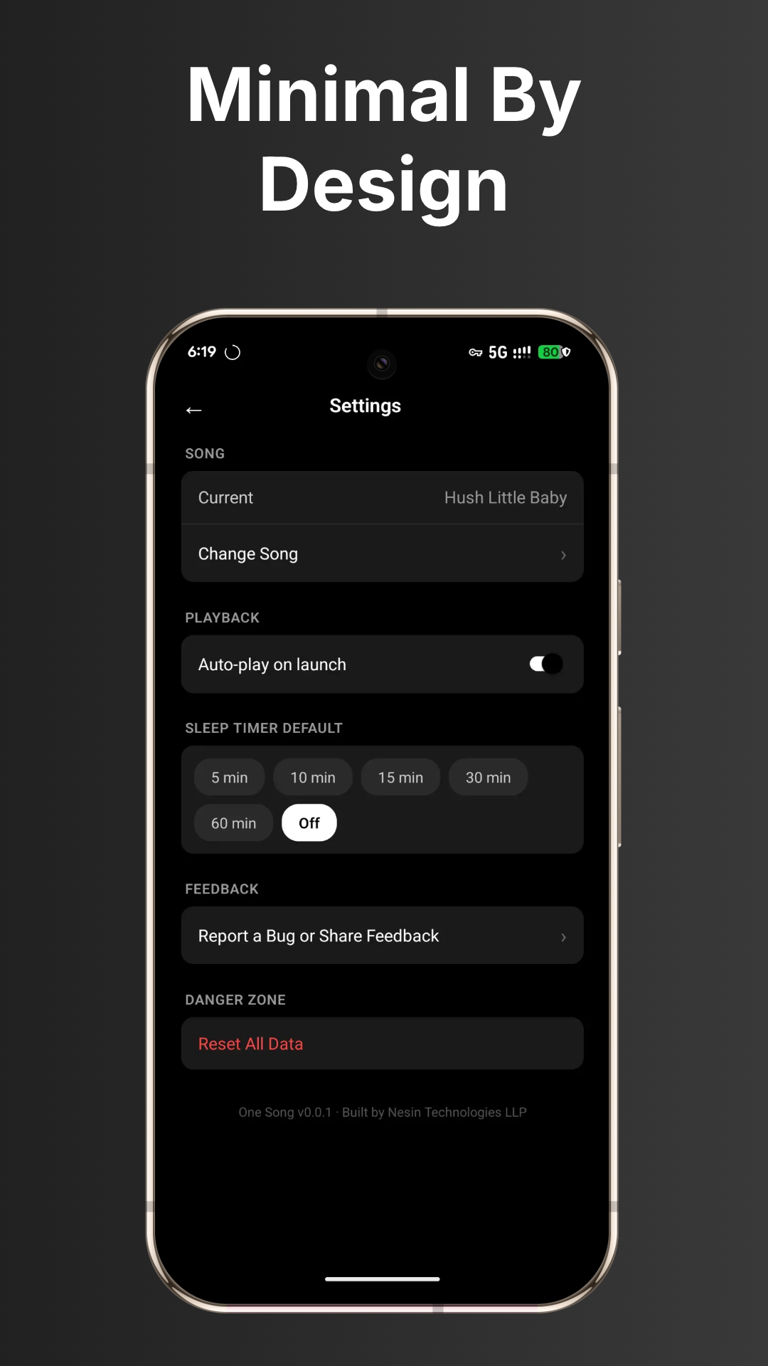 Settings screen with sleep timer and song options